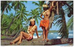   Tahitian women, via Delcampe.   