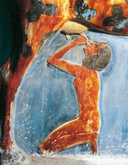 grandegyptianmuseum:  Detail of ancient Egyptian wall painting depicting cow goddess Hathor suckling child king Amenhotep II (painted sandstone), from the Temple of Thutmose III at Deir el-Bahri. Egyptian Museum, Cairo.  Hathor