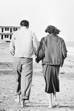 avagardner:  &ldquo;I slept in Frank’s pajamas, at least the top half of them, and the next day we walked along the empty beach, me in the bottom half of my travel suit and Frank’s jacket. Naturally a photographer was lying in wait and snapped a shot