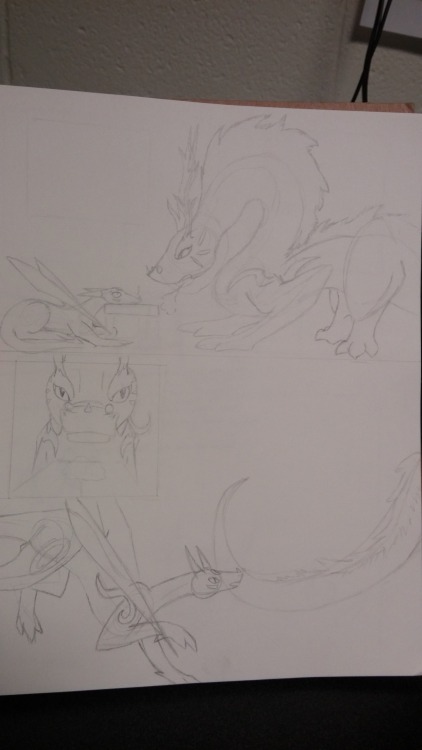 WIP of one of the next pages I have planned out for my Auran comic. This page is mainly just to show off the size differences between Auran and his teacher, Conozco. Auran and Conozco are both spirit sanctuaries, meaning that those markings on their sides are a sign that they are the host for some spiritual force. Conozco is the host for a three-headed water dragon spirit (haven&rsquo;t decided on a name for him yet). Auran is host to the dragon spirit of darkness, Xia (but doesn&rsquo;t know it at the time of this page).