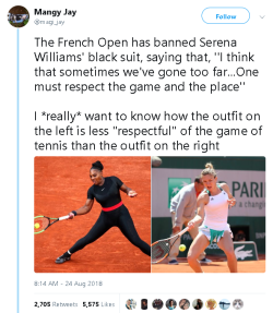 88smrfresh:  dicapito:  gahdamnpunk: “One must respect the game”, but when is French Open going to respect Serena?!  When she magically becomes a white woman.   this has nothing to do with clothing, it’s cause she’s a black woman dominating her