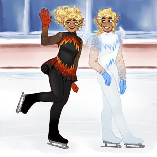 herbgerblin:[ID: Drawing of Taako and Lup, a pair of sun elf twins, pictured skating on an ice rink. They both have thick, blonde hair and tan, freckled skin. Lup is wearing a black skating costume, with sheer sleeves, a ruffled skirt, and bright red