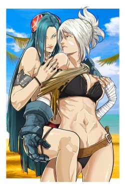 exiled-by-choice:  Riven and Irelia drawn by Uger   Commissioned by me.ionian-fervor Here be the salvation of mankind. And the One True Pairing on the beach together, Irelia have obviously ambushed Riven somehow! 