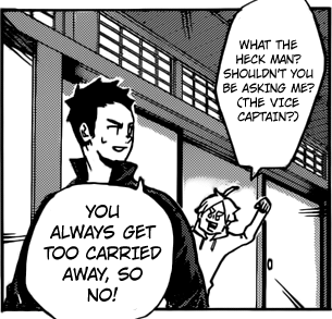 dorky-thighchi:Daichi has a point. I thought suga’s really calm and collected character but his sudden outbursts, dorky side and joining his underclassmen antics made him one of the chaotic characters in HQ.