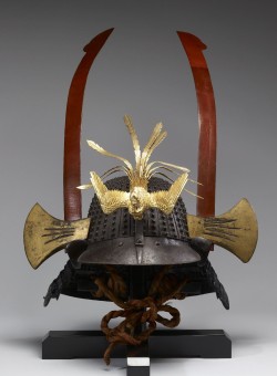 fishstickmonkey:Kabuto with Phoenix and Battle-Axe Ornaments  							Myochin, 1825-1875 (late Edo) iron, lacquer, silk, wood, baleen, rawhide the Walters Art Museum