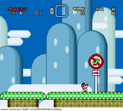 suppermariobroth:  Unused level intro featuring a “No Yoshi” sign found in the data of Super Mario World. Entering a level with this intro will cause Mario to dismount Yoshi the same way he would when entering castles or ghost houses.