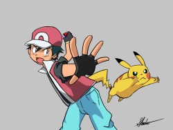 rex-shadao:  Ash (Satoshi) and Pikachu, Gen III Style.   With Red’s color scheme and hair style add to the mix (though the gloves still remain because they are iconic).  It was quite a challenge to find where the shadings would hit and I still wish