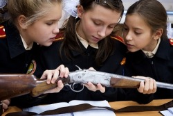 softspell:  “The Moscow Girls’ Cadet Boarding School is one of the new elite military academies in Russia. While most kids hate school for boring maths or history, the classes here include stripping down an AK-47 Kalashnikov rifle. And the girls can