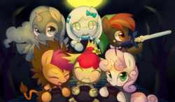 project-maren:  Halloween of filly ! Damn It ! too late XD  But i’m ok !  and button~!  your not filly ! +The Wizard of Oz(Snow drop,apple bloom,sweetie belle,scootaloo) +Moon stuck(Woona) &lt;- I’m Big fan ! +The legend of Zelda(Button mash)