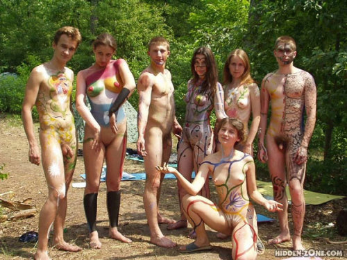 Nudist family body painting art
