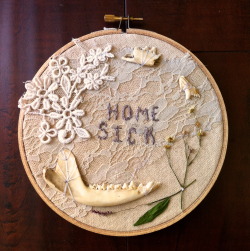 piss-soakedshoes:  Summer relics from traveling this year: Opossum bones found in my backyard in Portland, Or, flowers from a farm in Virginia, and lace from a friend I met in Utah. 