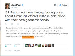 smidgetz:  afro-dominicano:  fearandwar:  The New York City Police Commissioner is making puns about his officers choking a man to death. And yet we’re supposed to believe it’s only a few rotten apples.  he’s officially the devil  He’s the genius