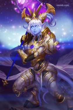 meadowlarking:  I finished the Yrel painting! It’s something I’ve wanted to do since WoD’s beta LOL. I stg it took me so long to find a composition I’d be happy with.  Her design is a mix between the in-game model as well as her original concept