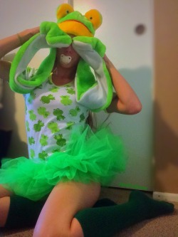 hoefashow:  Little sweet shy froggy 🐸💚🐸 Adult paci and onesie by @onesiesdownunder  Please keep caption