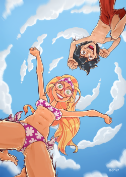 oca-world: Second commission! Beach scene featuring Hiro Hamada and Honey Lemon from Big Hero 6, as requested by Koi. Part two coming soon. 