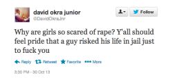 theheartmaid:  ssjdebusk:  whatshehassaid:  smellslikegirlriot:  This is rape culture  That is fucked up  Why are people so scared of murder? Y’all should feel pride that someone risked life in jail just to kill you Literally that is how stupid these