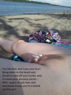 cuckoldlifeandtimes:  I would die of humiliation if my Mistress made me strip naked at the beach, leaving my chastised clitty exposed!! 