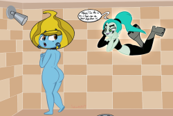 superionnsfw:  A commission I did for Slim2K6 featuring Jez from Jimmy Two-Shoes and Ember from Danny Phantom  Ember secretly&hellip; or not so secretly peepin&rsquo; on Jez, inside one the private shower rooms of  the campground!!The Advantages of being