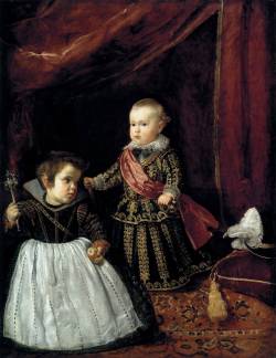 artmastered:  Diego Velázquez, Prince Baltasar Carlos with a Dwarf, 1631, oil on canvas, 128 x 102 cm, Museum of Fine Arts, Boston. Source In European courts, dwarfs were often made to entertain young children. Philip IV of Spain was particularly renowned
