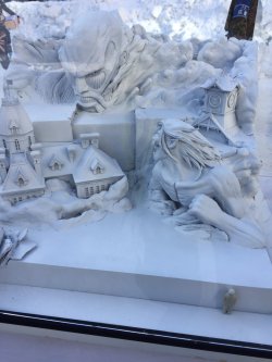 Close-ups of the Colossal Titan model and actual snow sculpture under construction, all in preparation for the Sapporo Snow Festival on February 5th!The WALL SAPPORO leg of the Shingeki no Kyojin exhibition is set to begin in April!ETA: Closer looks