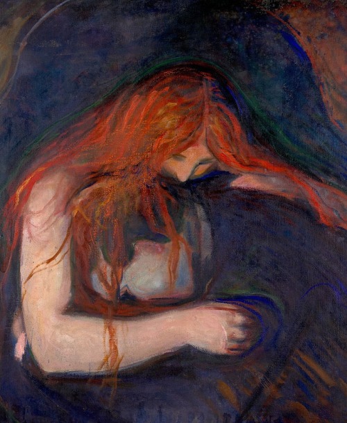 a-hulder:Edvard Munch + women and redMadonna (1894-95) // Love and Pain (1895) // Weeping Nude (1913-14) // Ashes (1894)