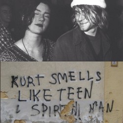 sasquatchgang:  Kathleen Hanna of Bikini Kill spray painted “Kurt smells like teen spirt man” on a wall in Kurt Cobains apartment because that’s the type of deodorant his girlfriend wore and he didn’t know it was a deodorant and thought it sounded
