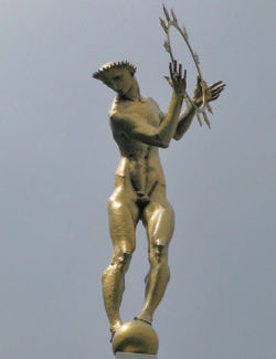 honorthegods:    Helios by TB Huxley-Jones, circa 1960. Gilded bronze, 3 meters in height. BBC Television Centre, London.  