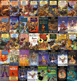 scallywagsandseamonsters:  Behind the Blog FAVOURITE BOOKS Discworld series by Terry Pratchett “Discworld is a comic fantasy book series written by the English writer Terry Pratchett, set on the fictional Discworld, a flat disc balanced on the backs