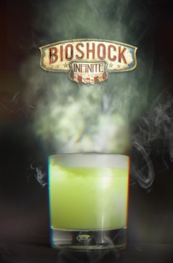 thedrunkenmoogle:  Possession (Bioshock Infinite cocktail) Ingredients:1 bunch of Basil&frac12; Lemon&frac12; Lime25 ml Sugar Syrup50 ml Tanqueray Gin Abisnthe Froth recipe (Serves 4):1 Egg White25 ml Sugar Syrup25 ml Water25 ml Absinthe Directions: Add