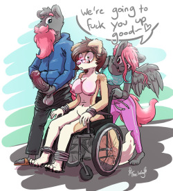 the-wag: Cruising through town I didn’t really plan for this becoming such a elaborate piece but eyy. This is a sorta follow up pic in a way after that anal gape pic that @dimwitdog posted. Figured her doggo needed a wheelchair after that one. Enjoy