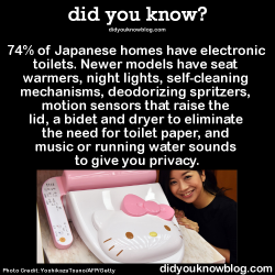 did-you-kno:  74% of Japanese homes have electronic toilets. Newer models have seat warmers, night lights, self-cleaning mechanisms, deodorizing spritzers, motion sensors that raise the lid, a bidet and dryer to eliminate the need for toilet paper, and