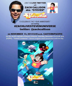 TONIGHT! To celebrate Steven Universe&rsquo;s 1 year anniversary Zach Callison, the voice of Steven Universe will be live-tweeting during &ldquo;Garnet&rsquo;s Universe&rdquo;!