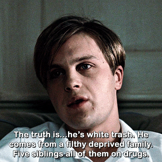 dailyflicks:It’s not true! He’s lying! My mother got a divorce because…Because she wanted her little teddy bear all to herself. Which is why he’s gay, and a criminal, got it?FUNNY GAMES (2007) dir. Michael Haneke  