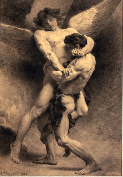 art4gays:  polmaic:  Jacob Wrestling with the Angel, Léon Bonnat, 1876. And Jacob was left alone. And a man wrestled with him until the breaking  of the day. When the man saw that he did not prevail against Jacob, he  touched his hip socket, and Jacob’s