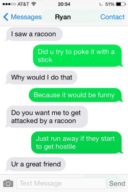 keyserspooke:  knifeandlighter:  wontonghoul:  Friendship  &ldquo;just run away if they start to get hostile&rdquo; that is the worst advice ive ever seen for anything ever.   I saw a raccoon once… Shit was wild  this hillbilly i work with brought