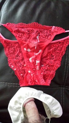 DKNY red, lacy panties doused with cum. I must know what she looks like!    spinx23:  Doubleheader monday, red lace needed a paint job of white cum