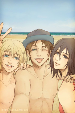 dreamxxdream:  Working on a reincarnation AU I clearly couldn’t pass up the chance of taking the babies to the ocean *A* Timewise this would be before Eren found Levi, hence only the 104th squad. Oh and this is only the first part, the original plan