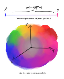 fcyeah:  tomboykitten:  bahamutzero:  Gender: a visual guide. When most people think of the gender spectrum, they think in terms of blue and pink, and maybe some purpley stuff. That model isn’t much of a spectrum and is rather a scale of femininity