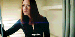   #i love how terrifying her face is in the second gif#like she’s all flirty#very similar to how she talked to sam that morning#but her demeanor is completely fucking different#like with sam and steve she’s natasha#she’d eat them alive but in the