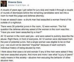 theconcealedweapon:Anyone else think something is fucked up about the fact that of a group of 12 randomly selected women, all 12 have been assaulted by men?