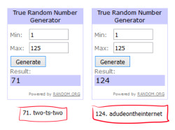 I had to delete a lot of notes because these were ‘‘likes’‘ and to enter the raffle it had to be ‘‘reblog’‘, as the rules said. *shrugs* so from 280 notes it went to 125 notes.Anyway! Here are the winners! Congrats! 