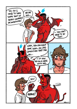 tohdaryl:  everydaycomics:  &lsquo;A date with the devil'  A story behind the selfie pic that Alex got in a text message from his lil bara demon brother.  *credits to clumzyjr for the story suggestion when I was stuck with this weekly theme.   a flashback