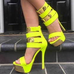ideservenewshoesblog:  Yellow High Polish Strappy Platform High Heels Faux Leather