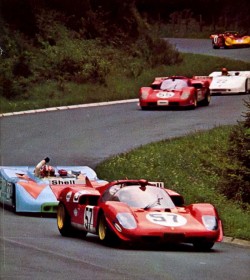 itsawheelthing:  Ferrari Friday … mixed emotionsJo Siffert (Gulf Porsche 908/3) furiously signaling Ignazio Giunti (Ferrari 512S) to get out of the way, 1970 ADAC 1000km Rennen, Nürburgringin the background we can see the Ferrari 512S of John Surtees