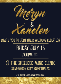 embergale:  For everybody that missed the actual wedding! Feel free to drop by even if you don’t know either of the wedding party very well.  There’s totally going to be free food. And cake.  