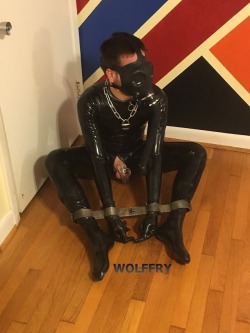 wolffry: I had my cock locked in a chastity device, my ass plugged, an iron collar placed around my neck, and was sealed from the neck down in a rubber suit.  A spreader bar was locked around my wrists and ankles, and I was unable to see due to the gas