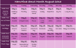 naruhinasmutmonth:  THE DAY IS FINALLY HERE YOU BEAUTIFUL PERVS!!! These are the prompts for the 2016 NaruHina Smut Month this coming August! I’ve given you theme weeks as well as daily themes to bend however you see fit. I will reblog all types of