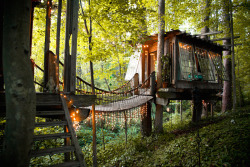 cjwho:Treehouse, Atlanta, USA by Peter Bahouth | viaArchitect Peter Bahouth built a series of houses in the trees connected by wooden bridges in Atlanta. Inspired by his love for nature and his childhood memories of boyhood treehouses, environmentalist