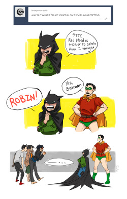 inkydandy:  What an unexpected trilogy. Also, I was going to put Bruce in something resembling Tim’s Robin suit, but Bruce in green undies. You just don’t pass that opportunity up.First part | Second part