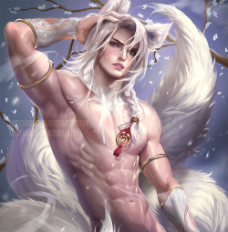sakimichan:   silver‬ fox original male nsfw pinup &gt;;3 i really enjoy painting white haired characters, and the abs a plus !NSFW PSD+high res,vidprocess etc&gt;https://www.patreon.com/posts/silver-fox-term-5221583  